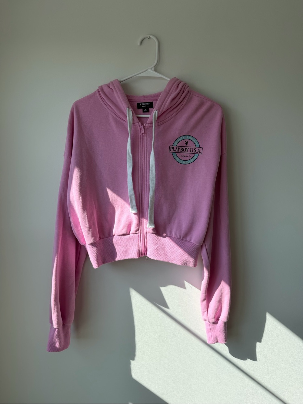 PLAYBOY Cropped Pink Zip-Up Bomber Hoodie
